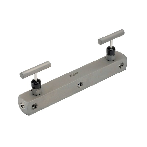 2 Valve Manifold, Soft Seat, 1/2 NPT Female x 1/2 NPT Female, Steel, 0.187" Orifice